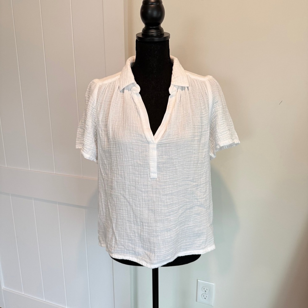 Xirena White Cotton Double Gauze Short Sleeve V-Neck Top XS